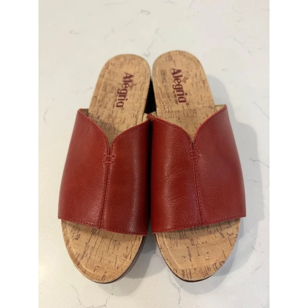 Alegria Red Leather Cork Wedge Slide Sandals TRI-6107 Womens 38